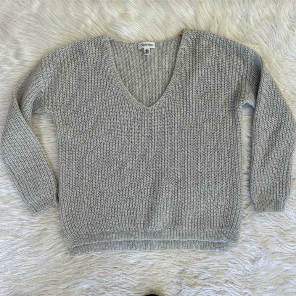 Womens Calvin Klein Gray &‎ Silver Metallic Knit V-Neck Mohair Sweater - Small